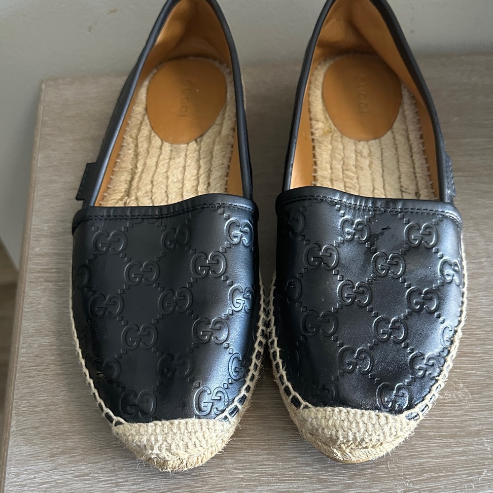 Gucci Black Leather Espadrille Loafers